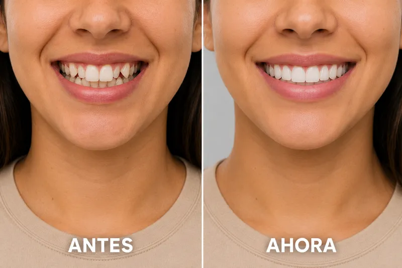 Antes y después de tratamiento con brackets metálicos por apiñamiento dental en Orthoarte Medellín.
