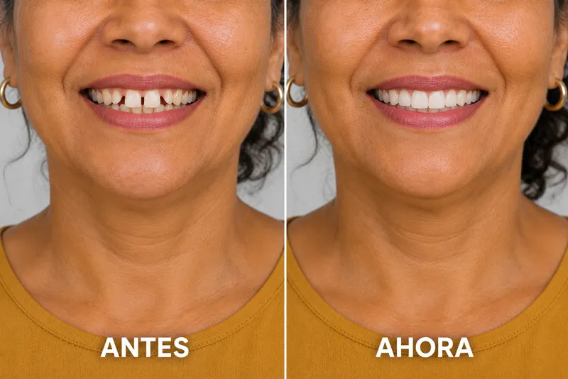 Antes y después de cierre de diastemas con brackets de zafiro en Orthoarte Medellín.