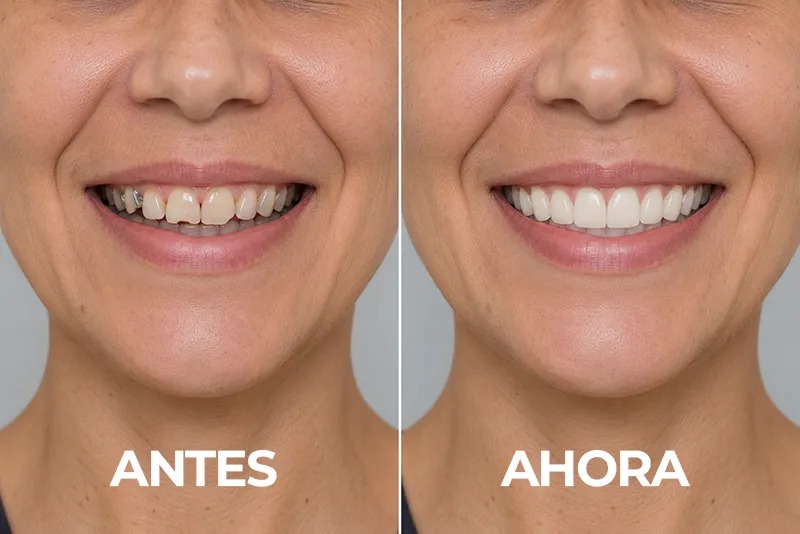 Antes y después de tratamiento con Invisalign y diseño de sonrisa: dientes alineados y acabado estético