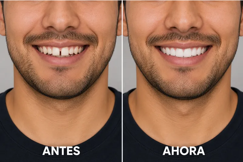 Antes y después de Invisalign para cerrar espacios entre dientes, paciente de Orthoarte Medellín