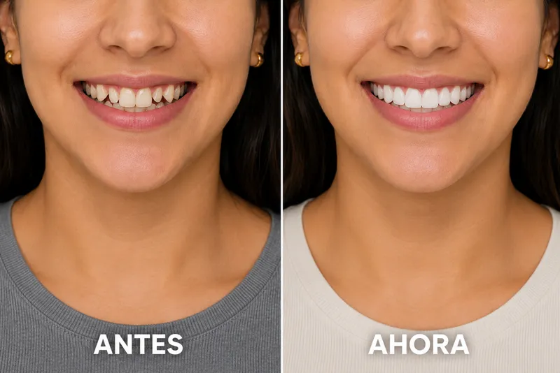 Antes y después de Invisalign en apiñamiento dental anterior, paciente de Orthoarte Medellín