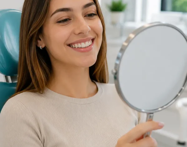 Paciente admirando su sonrisa en el espejo tras un diseño de sonrisa en Medellín