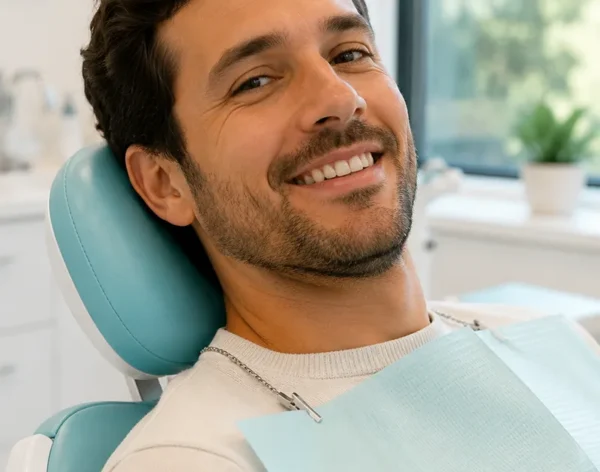 Paciente tranquilo y sin dolor en silla dental durante tratamiento de endodoncia en Medellín