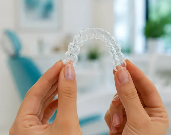 Paciente sosteniendo un alineador transparente Invisalign en clínica dental en Medellín