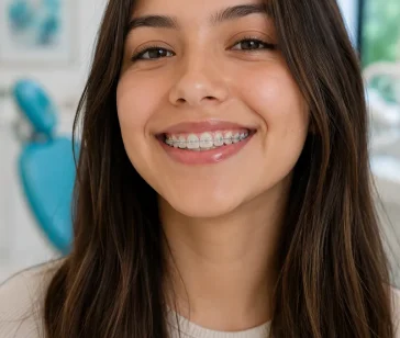 Persona joven sonriendo con brackets estéticos en tratamiento de ortodoncia en Medellín
