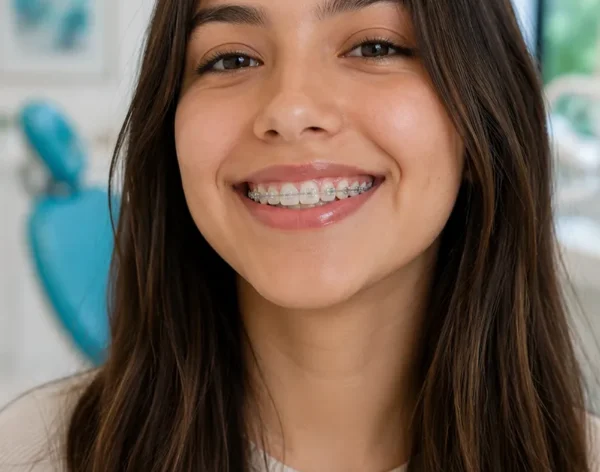Persona joven sonriendo con brackets estéticos en tratamiento de ortodoncia en Medellín