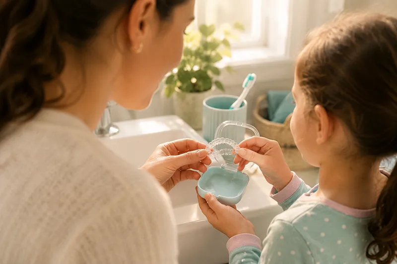 Madre acompaña a su hijo con los alineadores Invisalign para niños en casa