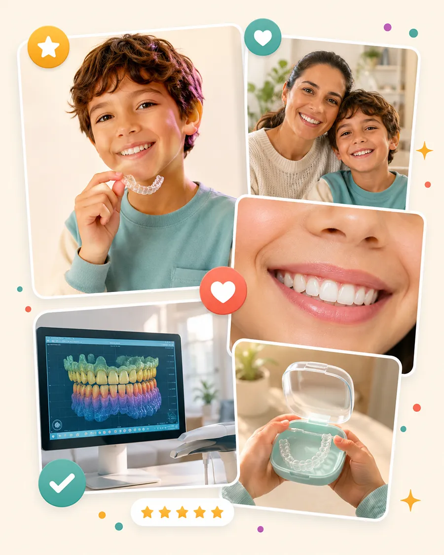 Collage de niños y familias sonriendo con alineadores de Invisalign para niños en Medellín