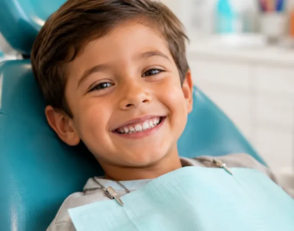 Niño feliz en consulta de odontopediatría en clínica dental en Medellín